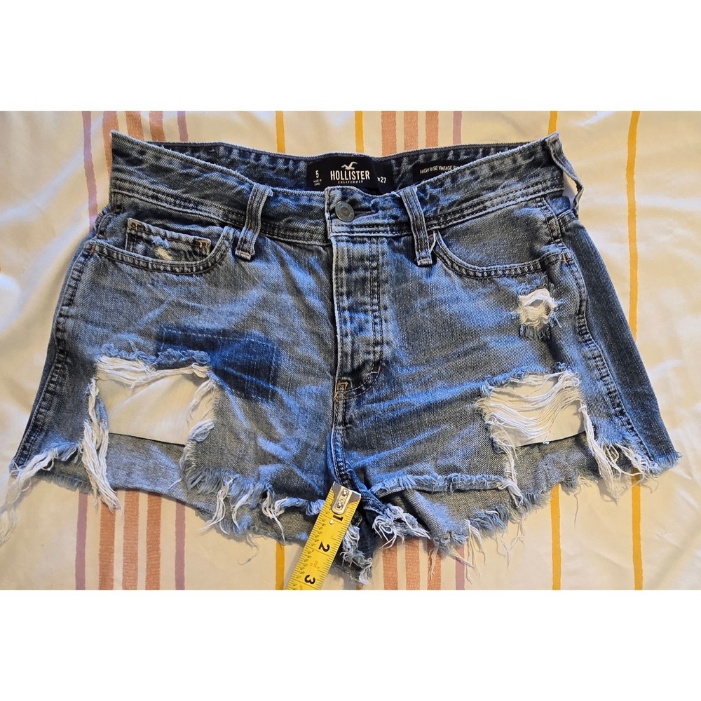 Hollister High Rise Vintage Denim Shorts Distressed Ripped Blue Jean Size 5 - Picture 6 of 6